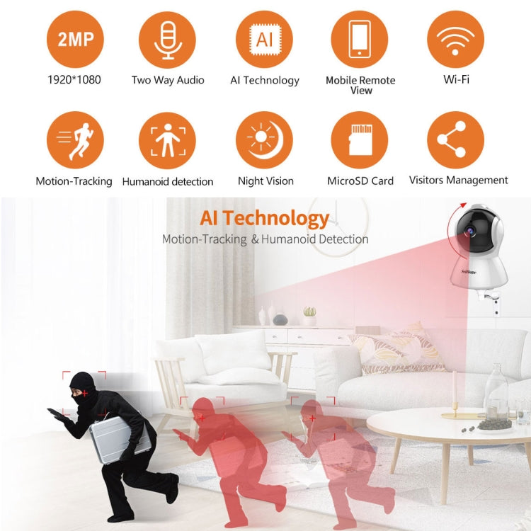 SriHome SH025 2.0 Million Pixels 1080P HD AI Auto-tracking IP Camera, Support Two Way Audio / Motion Tracking / Humanoid Detection / Night Vision / TF Card, US Plug by SriHome