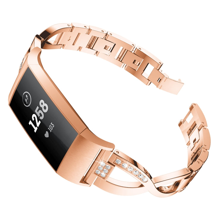 X-shaped Diamond-studded Metal Steel Watch Band for Fitbit Charge 3(Rose Gold) by bashfashion