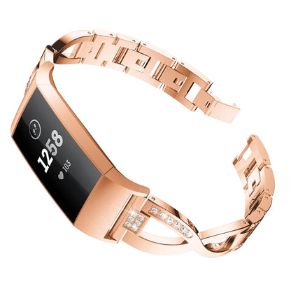 X-shaped Diamond-studded Metal Steel Watch Band for Fitbit Charge 3(Rose Gold) by bashfashion
