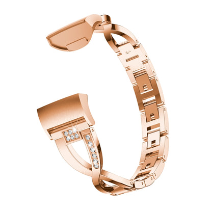 X-shaped Diamond-studded Metal Steel Watch Band for Fitbit Charge 3(Rose Gold) by bashfashion