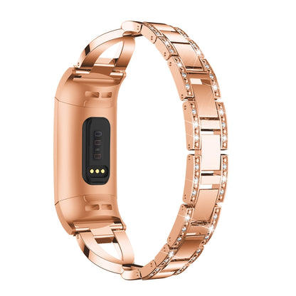 X-shaped Diamond-studded Metal Steel Watch Band for Fitbit Charge 3(Rose Gold) by bashfashion