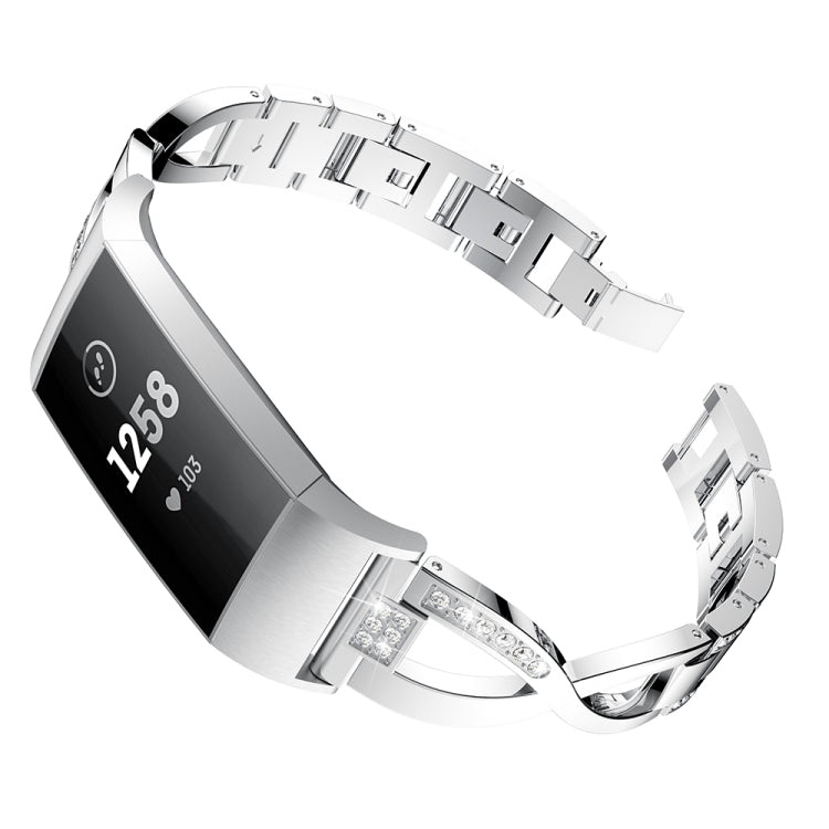 X-shaped Diamond-studded Metal Steel Watch Band for Fitbit Charge 3(Silver) by bashfashion