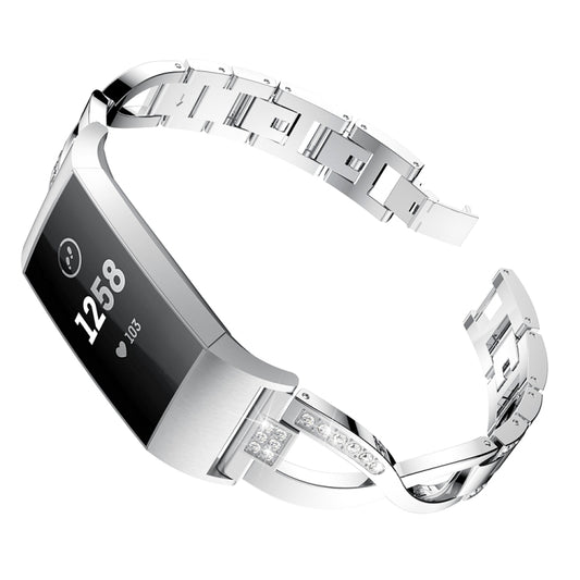 X-shaped Diamond-studded Metal Steel Watch Band for Fitbit Charge 3(Silver) by bashfashion