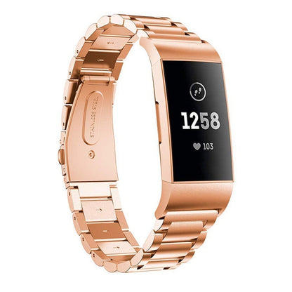 Three Beads Slingshot Buckle Solid Stainless Steel Watch Band for Fitbit Charge 3(Rose Gold) by bashfashion
