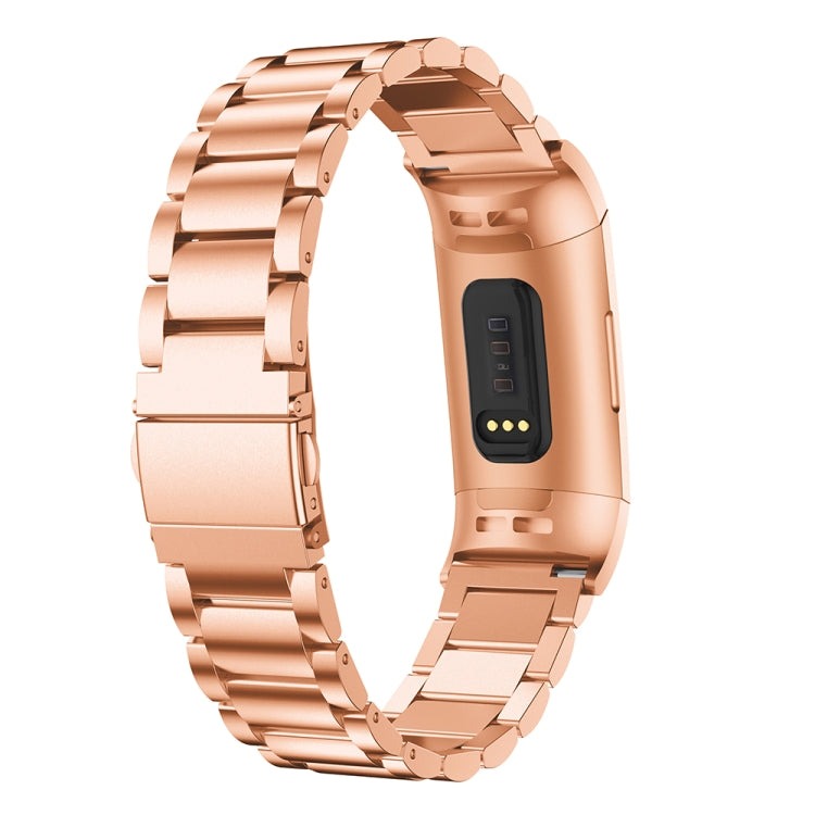 Three Beads Slingshot Buckle Solid Stainless Steel Watch Band for Fitbit Charge 3(Rose Gold) by bashfashion