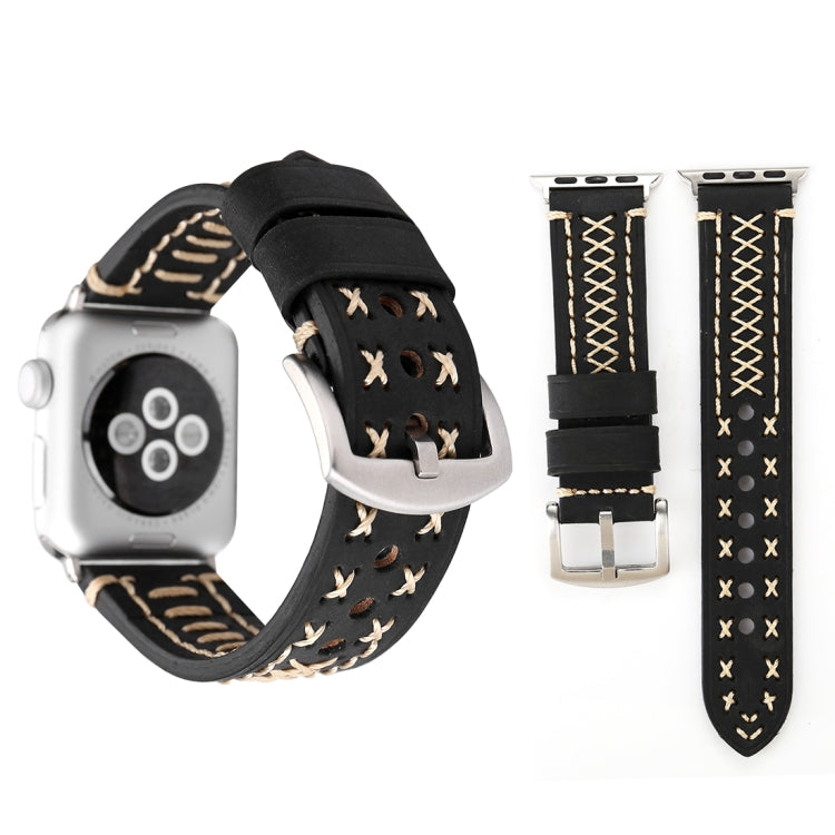 For Apple Watch Series 10 42mm / 9&8&7 41mm / SE 3&SE 2&6&SE&5&4 40mm / 3&2&1 38mm Manual Line Pattern Genuine Leather Wrist Watch Band(Black) by bashfashion