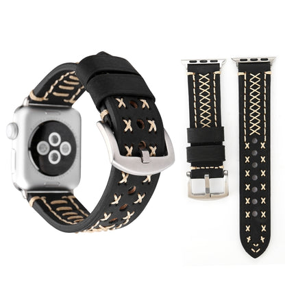 For Apple Watch Series 10 42mm / 9&8&7 41mm / SE 3&SE 2&6&SE&5&4 40mm / 3&2&1 38mm Manual Line Pattern Genuine Leather Wrist Watch Band(Black) by bashfashion