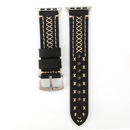 For Apple Watch Series 10 42mm / 9&8&7 41mm / SE 3&SE 2&6&SE&5&4 40mm / 3&2&1 38mm Manual Line Pattern Genuine Leather Wrist Watch Band(Black) by bashfashion