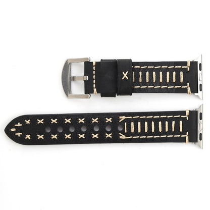 For Apple Watch Series 10 42mm / 9&8&7 41mm / SE 3&SE 2&6&SE&5&4 40mm / 3&2&1 38mm Manual Line Pattern Genuine Leather Wrist Watch Band(Black) by bashfashion
