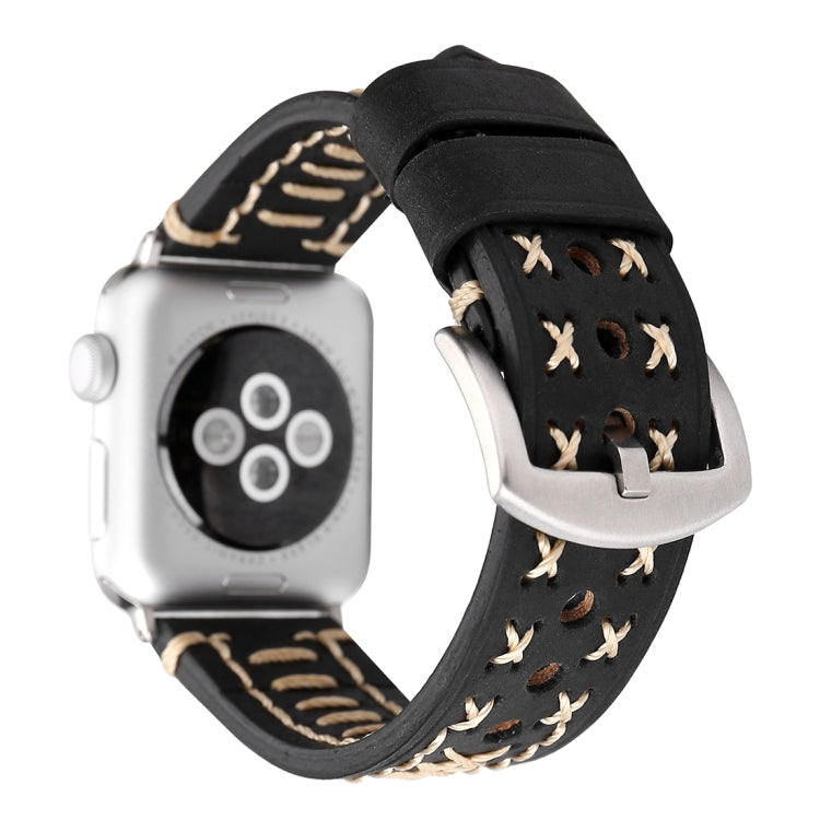 For Apple Watch Series 10 42mm / 9&8&7 41mm / SE 3&SE 2&6&SE&5&4 40mm / 3&2&1 38mm Manual Line Pattern Genuine Leather Wrist Watch Band(Black) by bashfashion