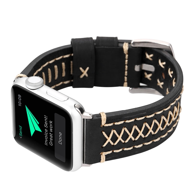 For Apple Watch Series 10 42mm / 9&8&7 41mm / SE 3&SE 2&6&SE&5&4 40mm / 3&2&1 38mm Manual Line Pattern Genuine Leather Wrist Watch Band(Black) by bashfashion