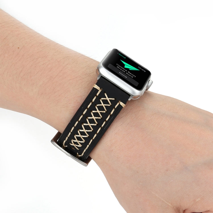For Apple Watch Series 10 42mm / 9&8&7 41mm / SE 3&SE 2&6&SE&5&4 40mm / 3&2&1 38mm Manual Line Pattern Genuine Leather Wrist Watch Band(Black) by bashfashion