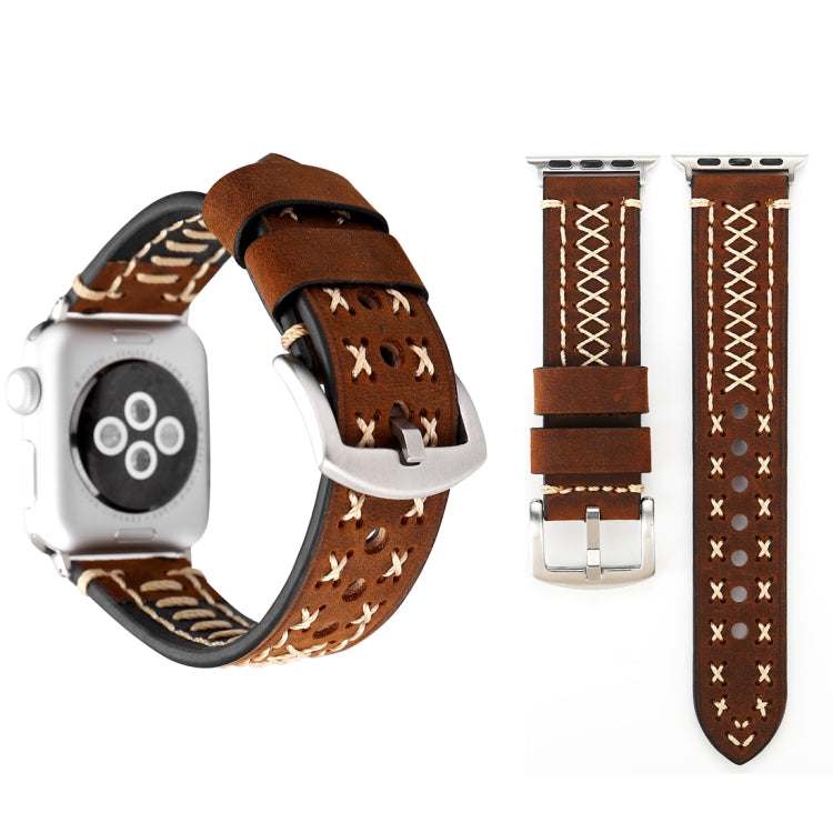 For Apple Watch Series 10 42mm / 9&8&7 41mm / SE 3&SE 2&6&SE&5&4 40mm / 3&2&1 38mm Manual Line Pattern Genuine Leather Wrist Watch Band(Coffee) by bashfashion