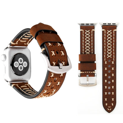 For Apple Watch Series 10 42mm / 9&8&7 41mm / SE 3&SE 2&6&SE&5&4 40mm / 3&2&1 38mm Manual Line Pattern Genuine Leather Wrist Watch Band(Coffee) by bashfashion