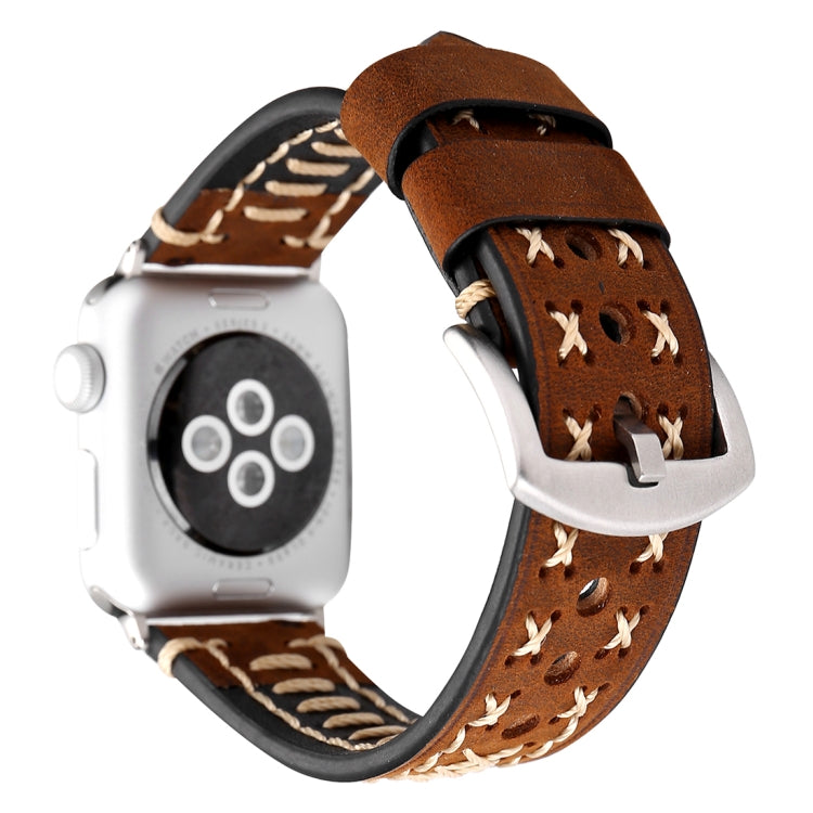 For Apple Watch Series 10 42mm / 9&8&7 41mm / SE 3&SE 2&6&SE&5&4 40mm / 3&2&1 38mm Manual Line Pattern Genuine Leather Wrist Watch Band(Coffee) by bashfashion