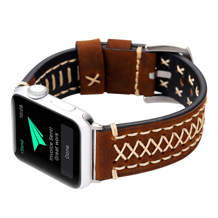 For Apple Watch Series 10 42mm / 9&8&7 41mm / SE 3&SE 2&6&SE&5&4 40mm / 3&2&1 38mm Manual Line Pattern Genuine Leather Wrist Watch Band(Coffee) by bashfashion