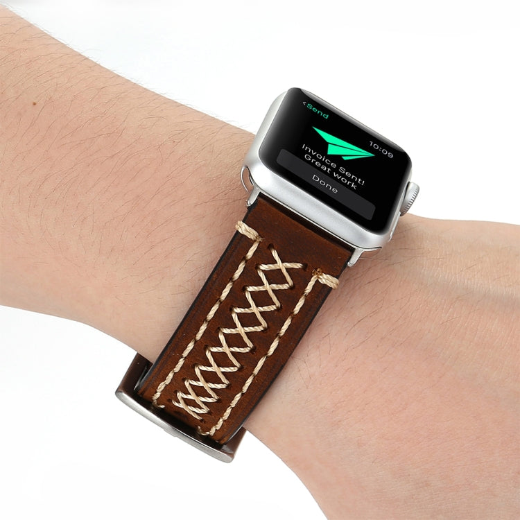 For Apple Watch Series 10 42mm / 9&8&7 41mm / SE 3&SE 2&6&SE&5&4 40mm / 3&2&1 38mm Manual Line Pattern Genuine Leather Wrist Watch Band(Coffee) by bashfashion