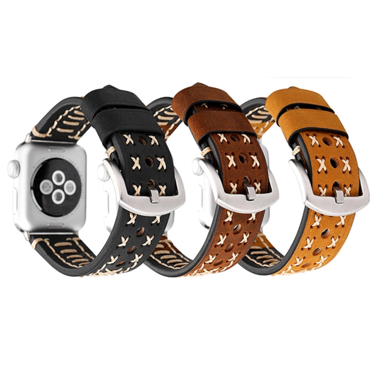 For Apple Watch Series 10 42mm / 9&8&7 41mm / SE 3&SE 2&6&SE&5&4 40mm / 3&2&1 38mm Manual Line Pattern Genuine Leather Wrist Watch Band(Coffee) by bashfashion