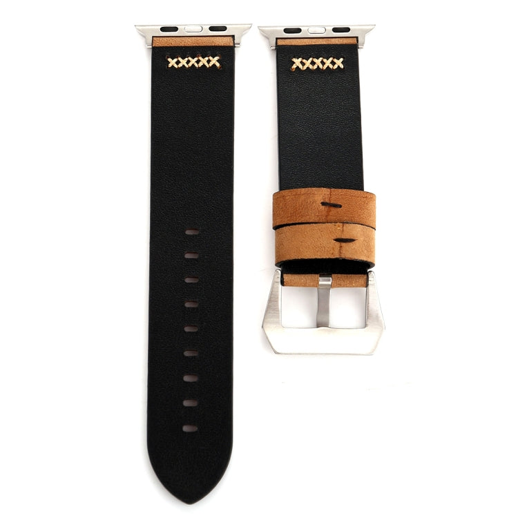 For Apple Watch Ultra 49mm&Watch Ultra 2 49mm / Series 10 46mm / 9&8&7 45mm / SE 3&SE 2&6&SE&5&4 44mm / 3&2&1 42mm Retro XX Line Pattern Genuine Leather Wrist Watch Band(Khaki) by bashfashion