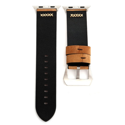 For Apple Watch Ultra 49mm&Watch Ultra 2 49mm / Series 10 46mm / 9&8&7 45mm / SE 3&SE 2&6&SE&5&4 44mm / 3&2&1 42mm Retro XX Line Pattern Genuine Leather Wrist Watch Band(Khaki) by bashfashion
