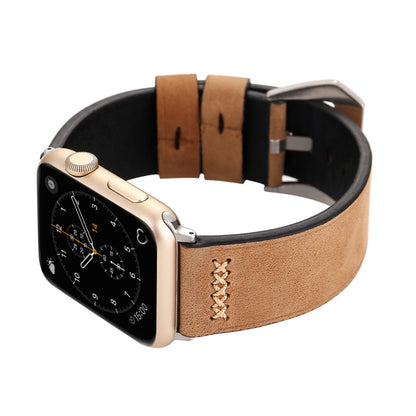 For Apple Watch Ultra 49mm&Watch Ultra 2 49mm / Series 10 46mm / 9&8&7 45mm / SE 3&SE 2&6&SE&5&4 44mm / 3&2&1 42mm Retro XX Line Pattern Genuine Leather Wrist Watch Band(Khaki) by bashfashion