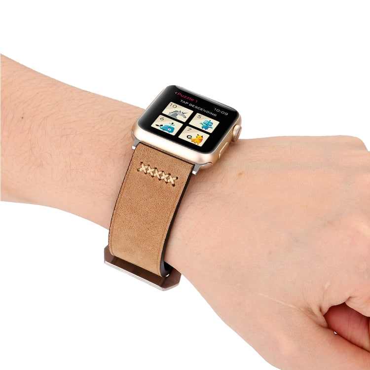 For Apple Watch Ultra 49mm&Watch Ultra 2 49mm / Series 10 46mm / 9&8&7 45mm / SE 3&SE 2&6&SE&5&4 44mm / 3&2&1 42mm Retro XX Line Pattern Genuine Leather Wrist Watch Band(Khaki) by bashfashion