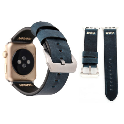 For Apple Watch Ultra 49mm&Watch Ultra 2 49mm / Series 10 46mm / 9&8&7 45mm / SE 3&SE 2&6&SE&5&4 44mm / 3&2&1 42mm Retro XX Line Pattern Genuine Leather Wrist Watch Band(Blue) by bashfashion