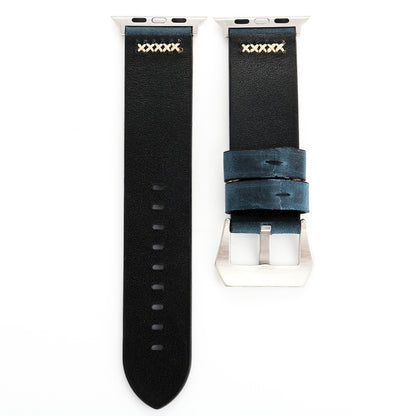 For Apple Watch Ultra 49mm&Watch Ultra 2 49mm / Series 10 46mm / 9&8&7 45mm / SE 3&SE 2&6&SE&5&4 44mm / 3&2&1 42mm Retro XX Line Pattern Genuine Leather Wrist Watch Band(Blue) by bashfashion