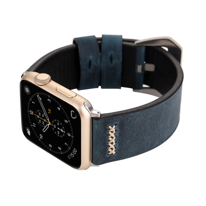 For Apple Watch Ultra 49mm&Watch Ultra 2 49mm / Series 10 46mm / 9&8&7 45mm / SE 3&SE 2&6&SE&5&4 44mm / 3&2&1 42mm Retro XX Line Pattern Genuine Leather Wrist Watch Band(Blue) by bashfashion