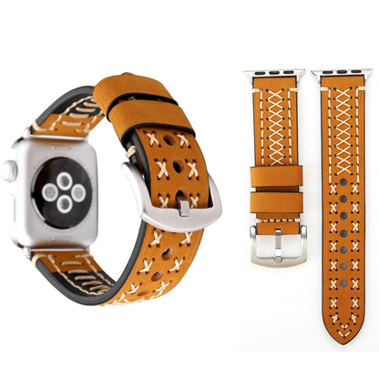 For Apple Watch Ultra 49mm&Watch Ultra 2 49mm / Series 10 46mm / 9&8&7 45mm / SE 3&SE 2&6&SE&5&4 44mm / 3&2&1 42mm Manual Line Pattern Genuine Leather Wrist Watch Band(Khaki) by bashfashion