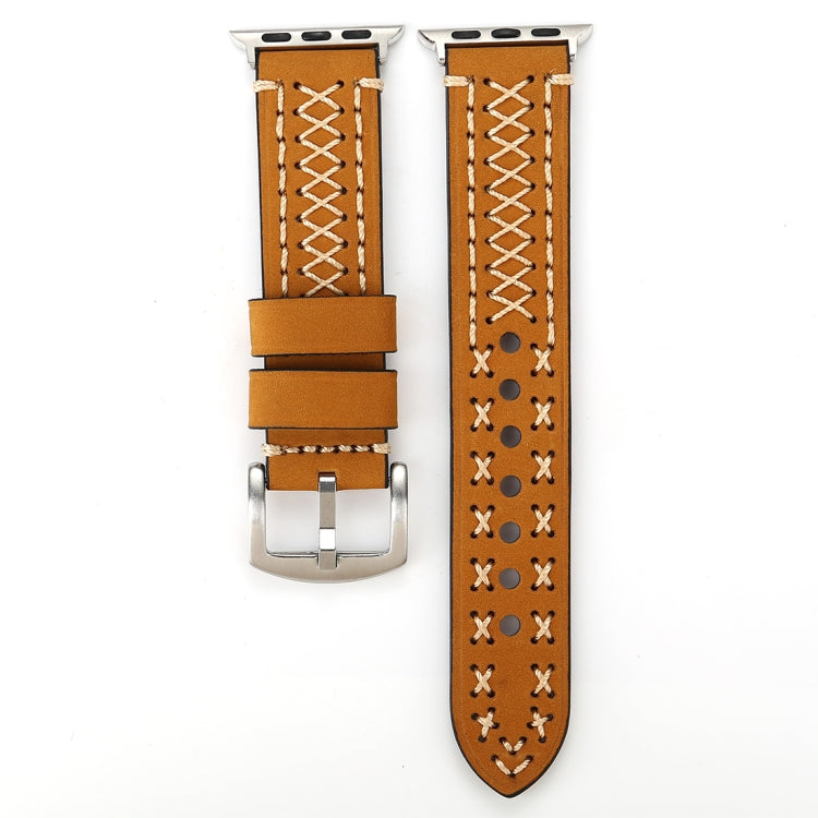 For Apple Watch Ultra 49mm&Watch Ultra 2 49mm / Series 10 46mm / 9&8&7 45mm / SE 3&SE 2&6&SE&5&4 44mm / 3&2&1 42mm Manual Line Pattern Genuine Leather Wrist Watch Band(Khaki) by bashfashion