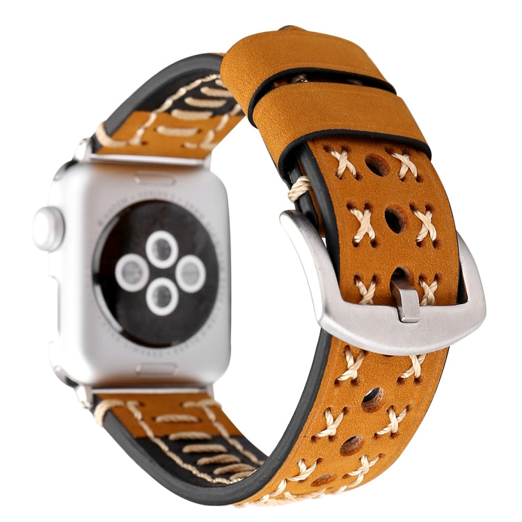 For Apple Watch Ultra 49mm&Watch Ultra 2 49mm / Series 10 46mm / 9&8&7 45mm / SE 3&SE 2&6&SE&5&4 44mm / 3&2&1 42mm Manual Line Pattern Genuine Leather Wrist Watch Band(Khaki) by bashfashion