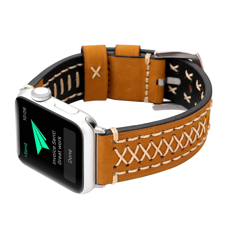For Apple Watch Ultra 49mm&Watch Ultra 2 49mm / Series 10 46mm / 9&8&7 45mm / SE 3&SE 2&6&SE&5&4 44mm / 3&2&1 42mm Manual Line Pattern Genuine Leather Wrist Watch Band(Khaki) by bashfashion