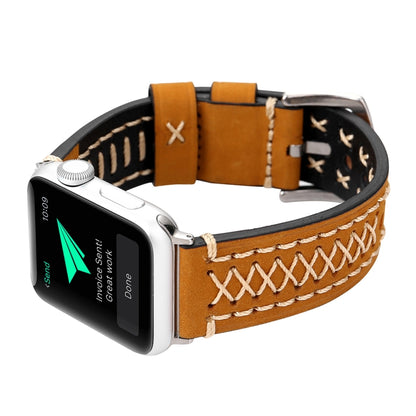 For Apple Watch Ultra 49mm&Watch Ultra 2 49mm / Series 10 46mm / 9&8&7 45mm / SE 3&SE 2&6&SE&5&4 44mm / 3&2&1 42mm Manual Line Pattern Genuine Leather Wrist Watch Band(Khaki) by bashfashion