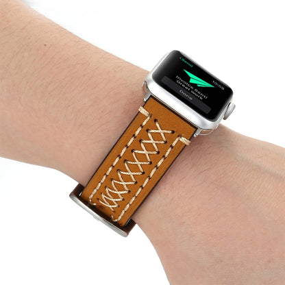 For Apple Watch Ultra 49mm&Watch Ultra 2 49mm / Series 10 46mm / 9&8&7 45mm / SE 3&SE 2&6&SE&5&4 44mm / 3&2&1 42mm Manual Line Pattern Genuine Leather Wrist Watch Band(Khaki) by bashfashion