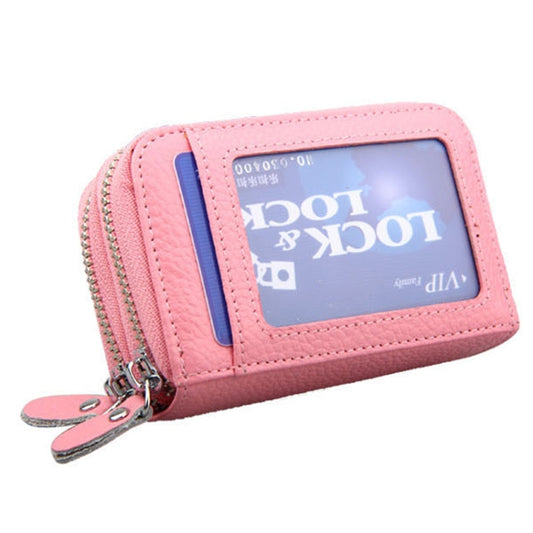 Genuine Leather Dual Layer Zipper Card Holder Wallet RFID Blocking Purse, Size: 10.5x7.0x4.0cm(Pink) by bashfashion