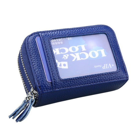 Genuine Leather Dual Layer Zipper Card Holder Wallet RFID Blocking Purse, Size: 10.5x7.0x4.0cm(Blue) by bashfashion