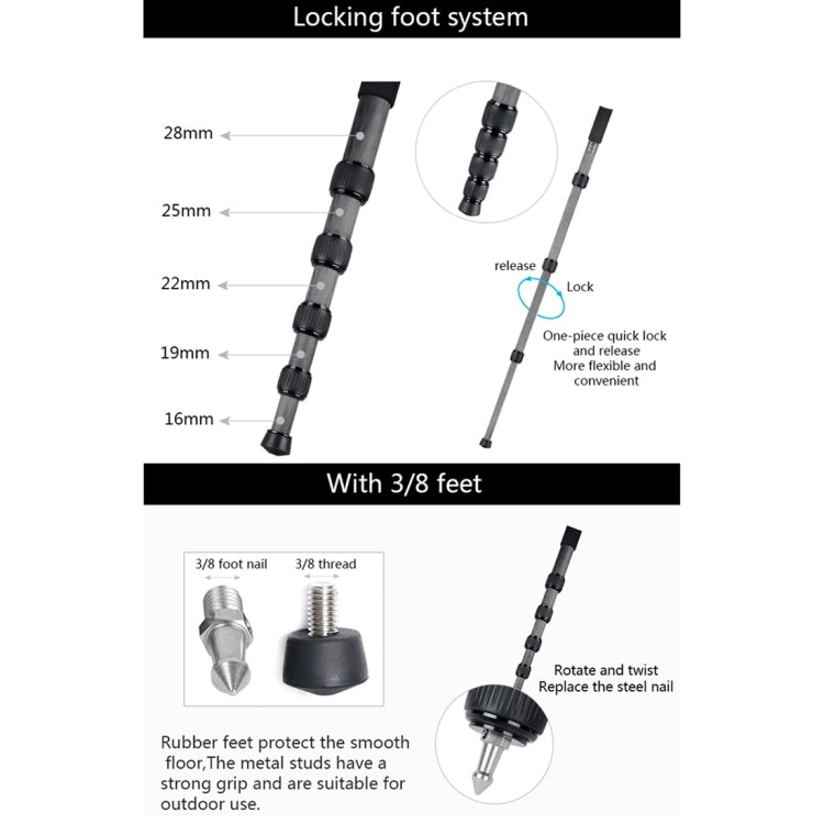 BEXIN MCS285 Portable Travel Outdoor DSLR Camera Carbon Fiber Monopod Holder (Black) by BEXIN