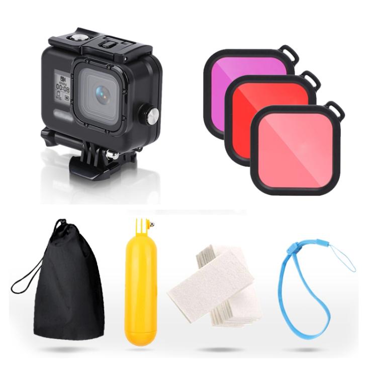 For GoPro HERO8 Black 45m Waterproof Housing Protective Case with Buckle Basic Mount & Screw & (Purple, Red, Pink) Filters & Floating Bobber Grip & Strap & Anti-Fog Inserts (Black) by bashfashion