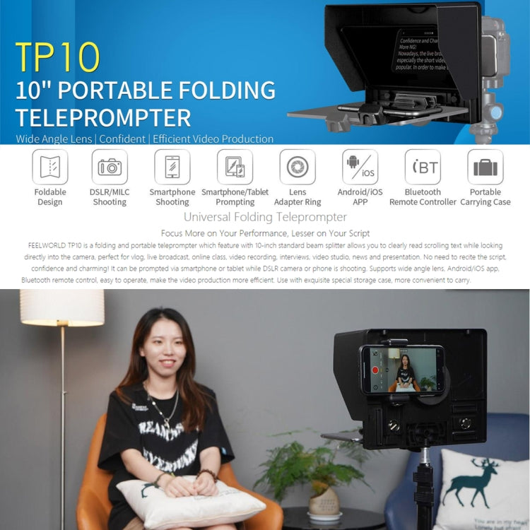 FEELWORLD TP10 Portable 10-inch Folding Teleprompter with Remote Control Lens Adapter Ring For Below 10 inches Smartphone / Tablet (Black) by FEELWORLD
