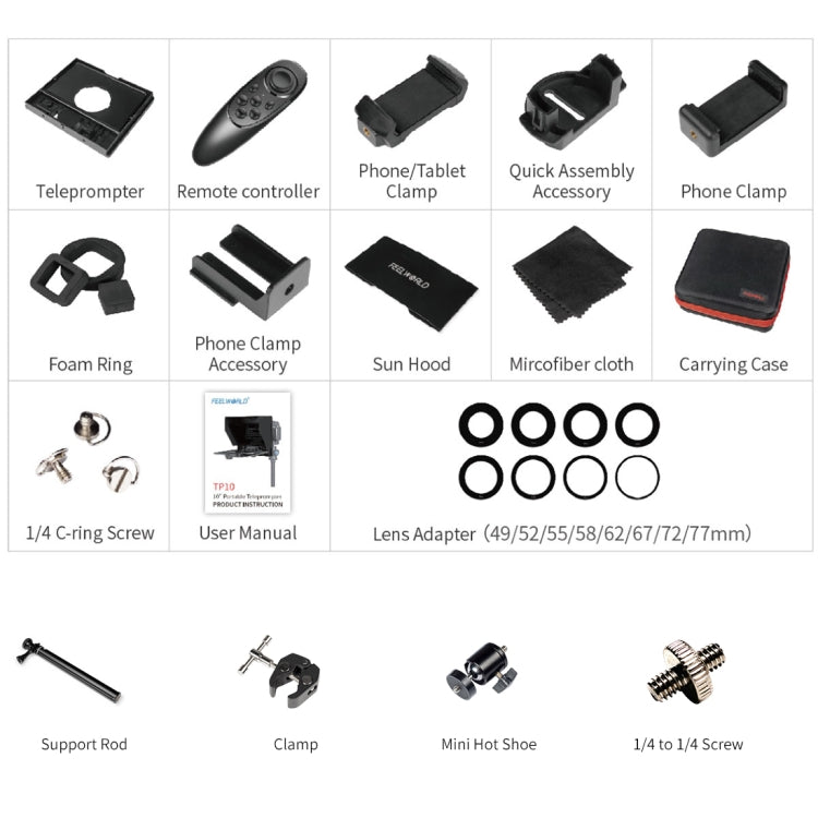 FEELWORLD TP10 Portable 10-inch Folding Teleprompter with Remote Control Lens Adapter Ring For Below 10 inches Smartphone / Tablet (Black) by FEELWORLD