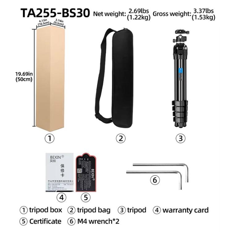 BEXIN TA255-BS30 Portable Collapsible Aluminum Alloy Camera Tripod with Head (Black) by BEXIN