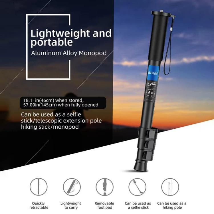 BEXIN P294B Portable Travel Outdoor DSLR Camera Aluminum Alloy Monopod Holder (Black) by BEXIN
