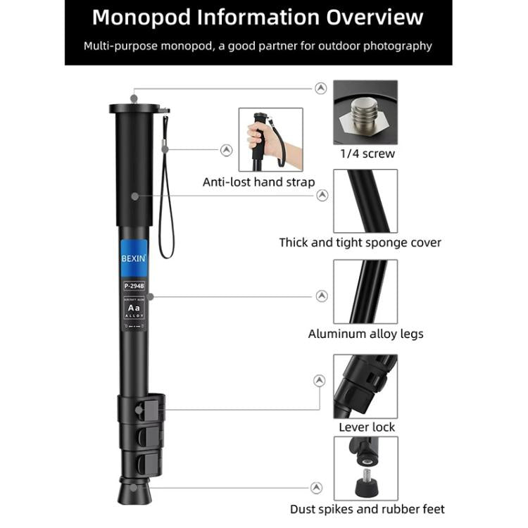 BEXIN P294B Portable Travel Outdoor DSLR Camera Aluminum Alloy Monopod Holder (Black) by BEXIN