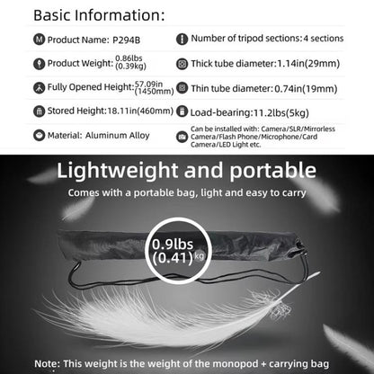 BEXIN P294B Portable Travel Outdoor DSLR Camera Aluminum Alloy Monopod Holder (Black) by BEXIN