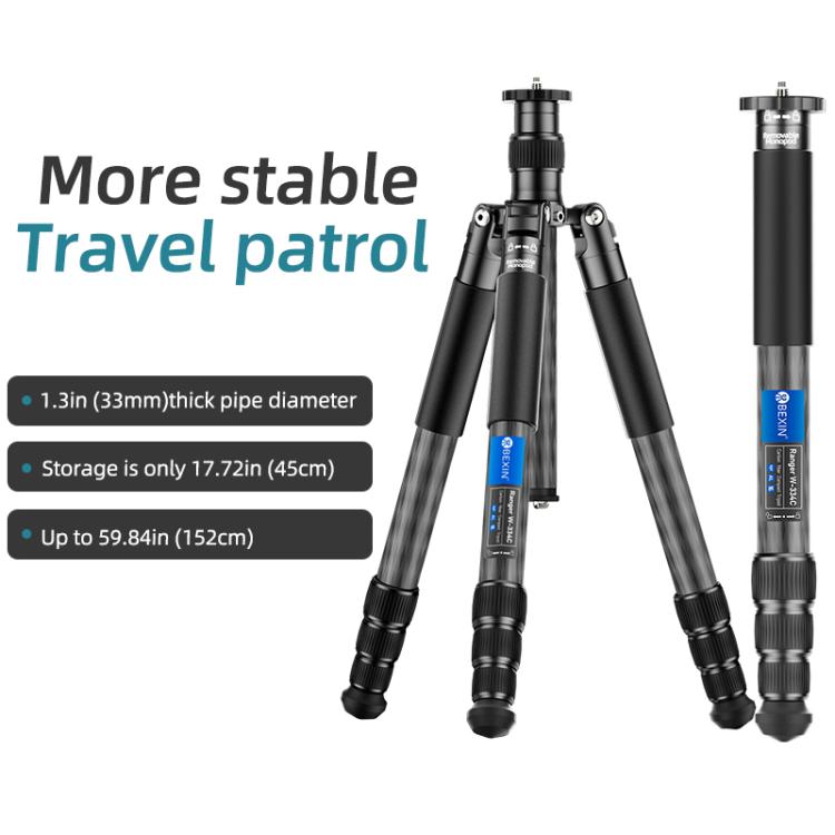 BEXIN W-334C Portable DSLR Camera 2 in 1 Carbon Fiber Tripod Detachable Monopod (Black) by BEXIN