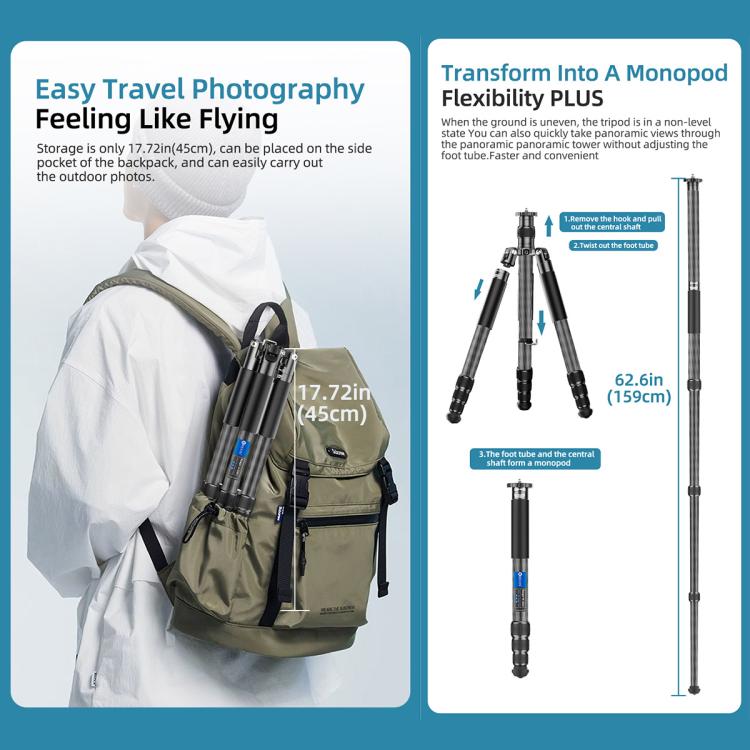 BEXIN W-334C Portable DSLR Camera 2 in 1 Carbon Fiber Tripod Detachable Monopod (Black) by BEXIN