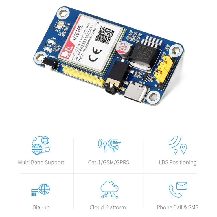 Waveshare Multi Band 2G GSM / GPRS LBS A7670E LTE Cat-1 HAT for Raspberry Pi, for Europe, Southeast Asia, West Asia, Africa, China, South Kor by WAVESHARE