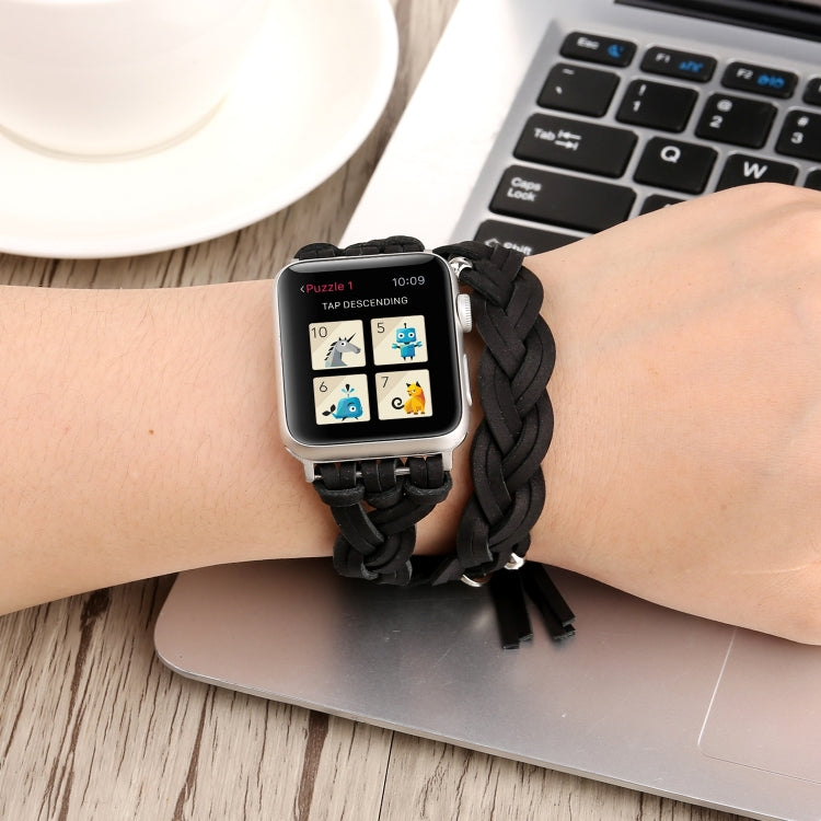 Hand-woven Leather Watch Band For Apple Watch Ultra 49mm&Watch Ultra 2 49mm / Series 9&8&7 45mm / SE 3&SE 2&6&SE&5&4 44mm / 3&2&1 42mm(Black) by bashfashion
