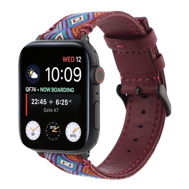 Ethnic Leather Watch Band For Apple Watch Series 7 45mm / 6 & SE & 5 & 4 44mm / 3 & 2 & 1 42mm(Wine Red) by bashfashion